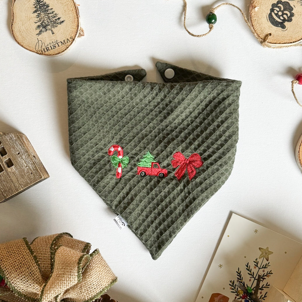 Winter Waffle Knit Embroidered Dog Bandanas - Green