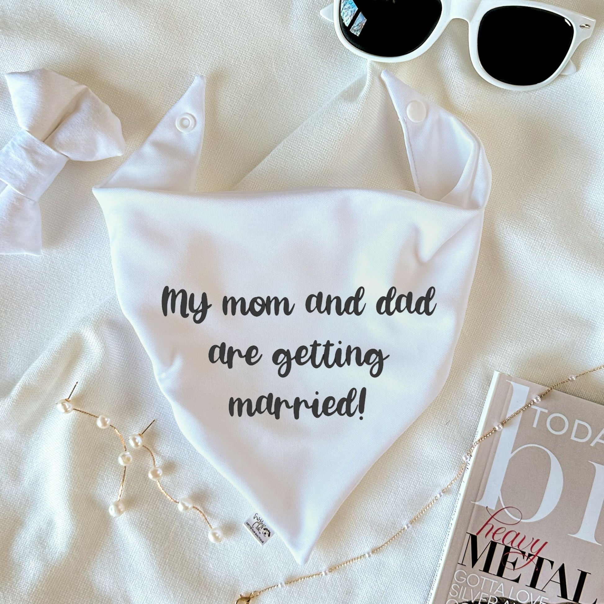 White dog wedding bandana featuring "My mom and dad are getting married!" text.
