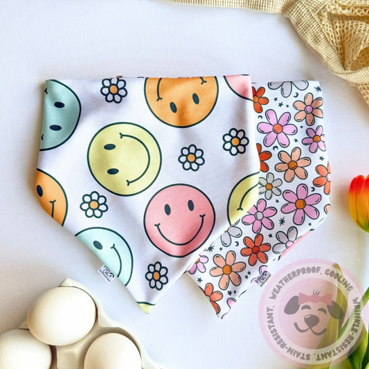 Springtime Charm Reversible Weatherproof Dog Bandana - Groovy Grins & Flower Power