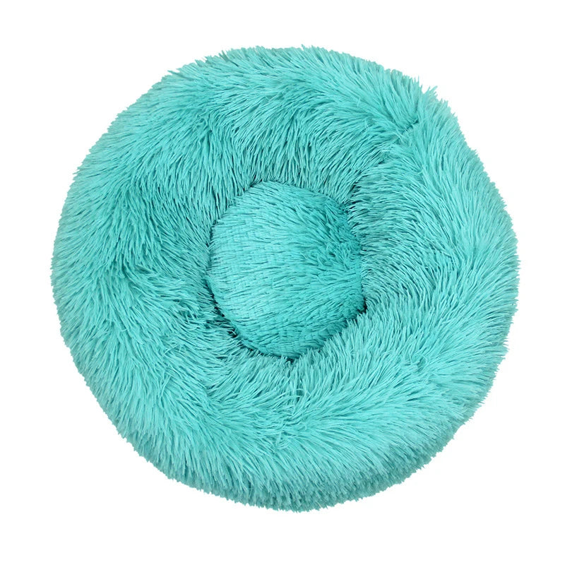 A turquoise plush dog bed shaped like a donut, offering a comfortable and secure space for small dogs to curl up and relax.