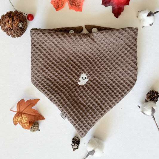 Fall Waffle Knit Embroidered Dog Bandanas - Brown With Ghost Embroidery