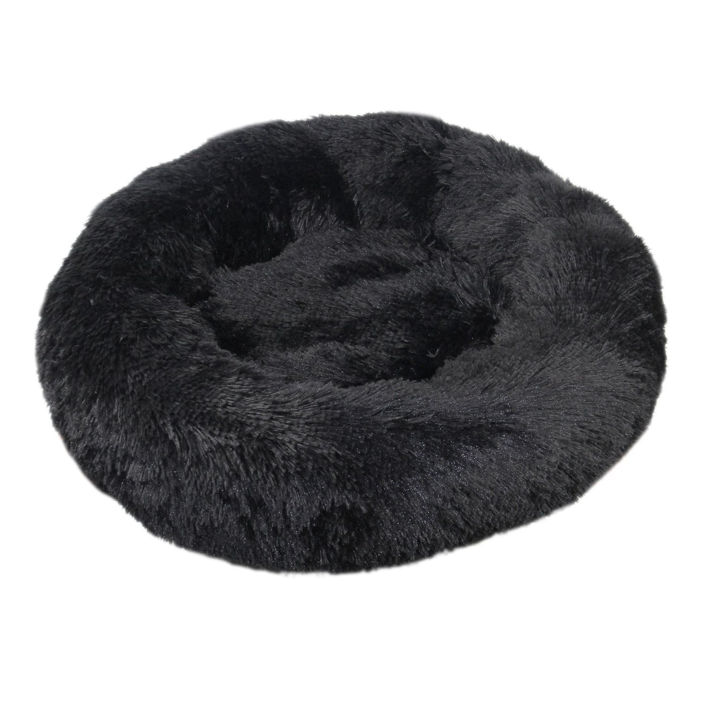 A black plush dog bed shaped like a donut, offering a comfortable and secure space for small dogs to curl up and relax.