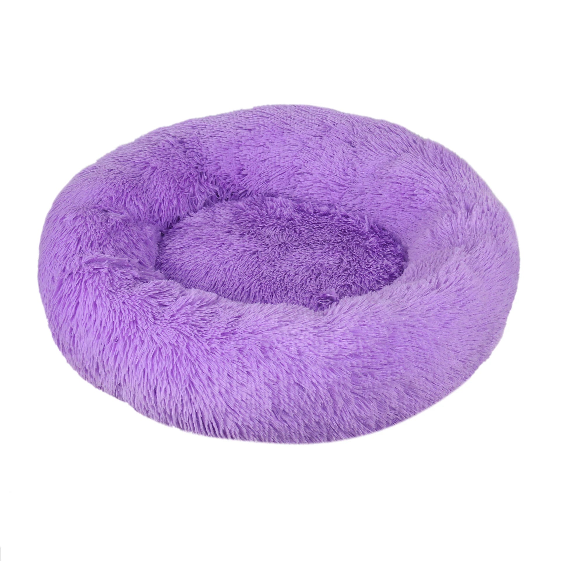 A purple plush dog bed shaped like a donut, offering a comfortable and secure space for small dogs to curl up and relax.