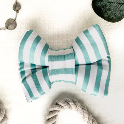 A turquoise and white striped classic dog bowtie.