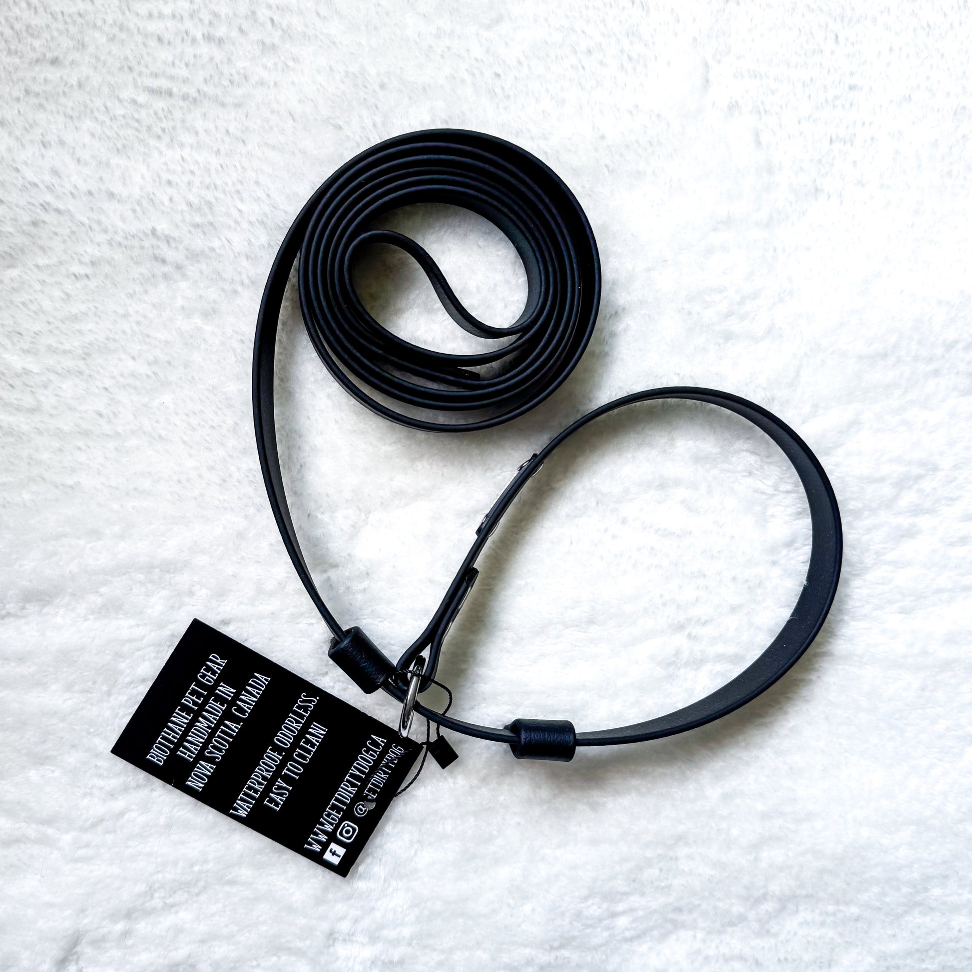 A black slip lead for a dog.